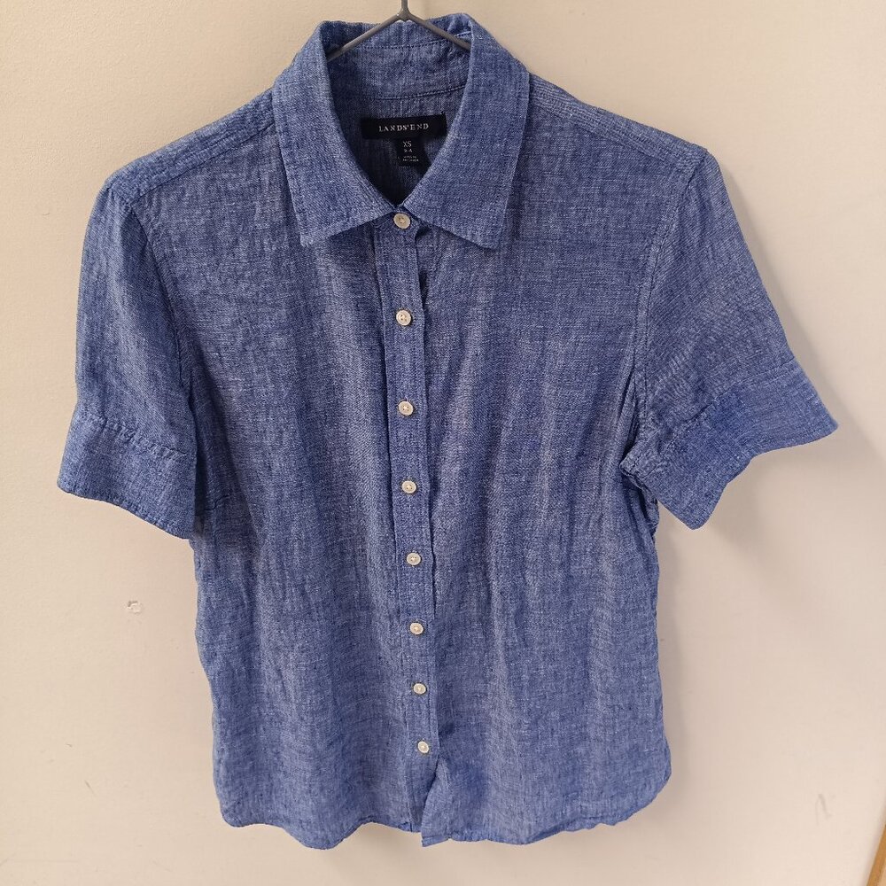 2/$20 Blue Pure Linen Short Sleeve Collar Button Shirt, Woman XS Lands End